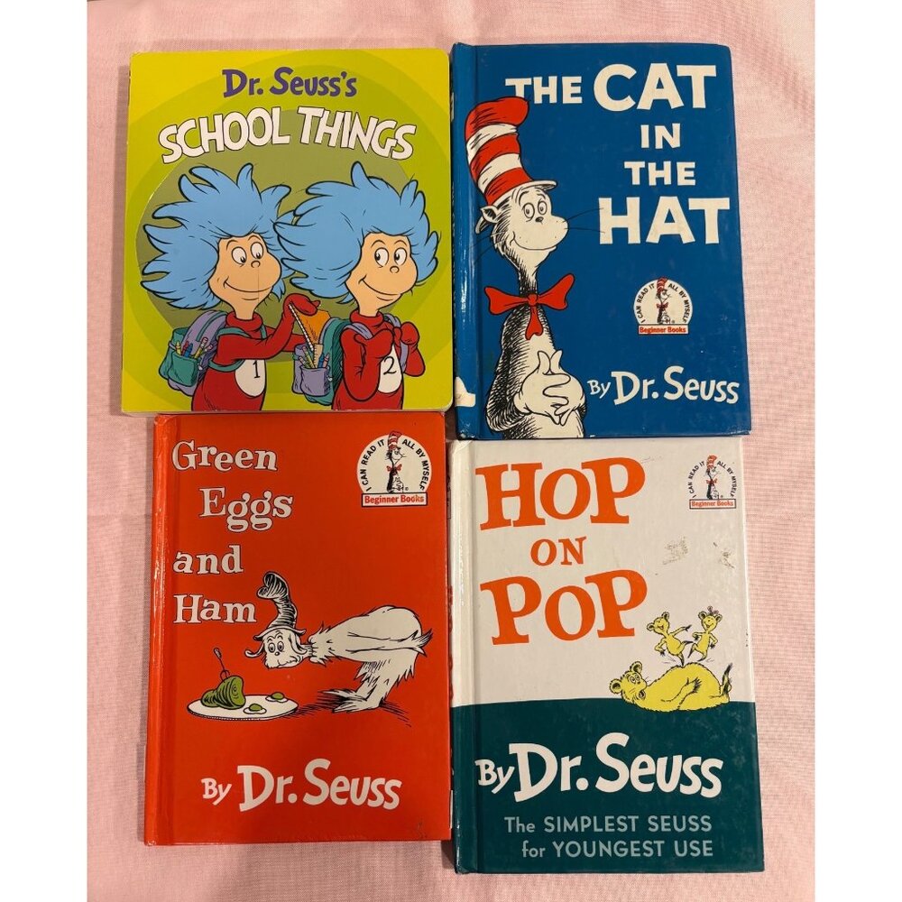 Dr. Seuss Book Set of 4 School Things Cat In The Hat Green Eggs & Ham, Hop On Po